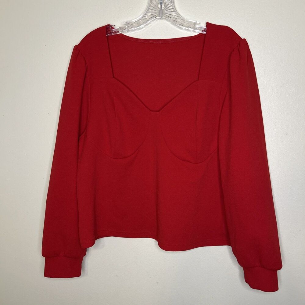 Shein Red Top Cropped Waist Length Stretch Plunge Neck Ling Sleeve Size 3XL